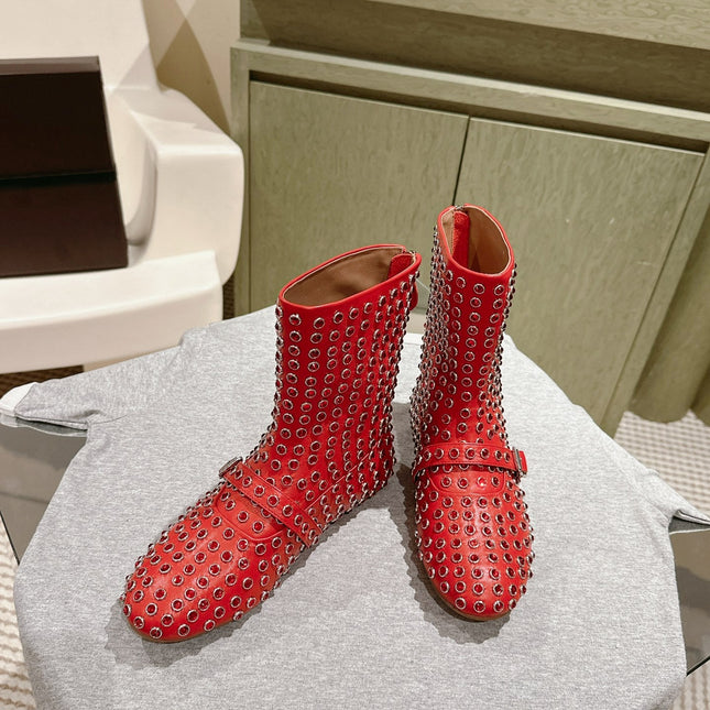 ALAIA SHORT BOOTS IN CHERRY RED LAMBSKIN ATTACH RHINSTONES