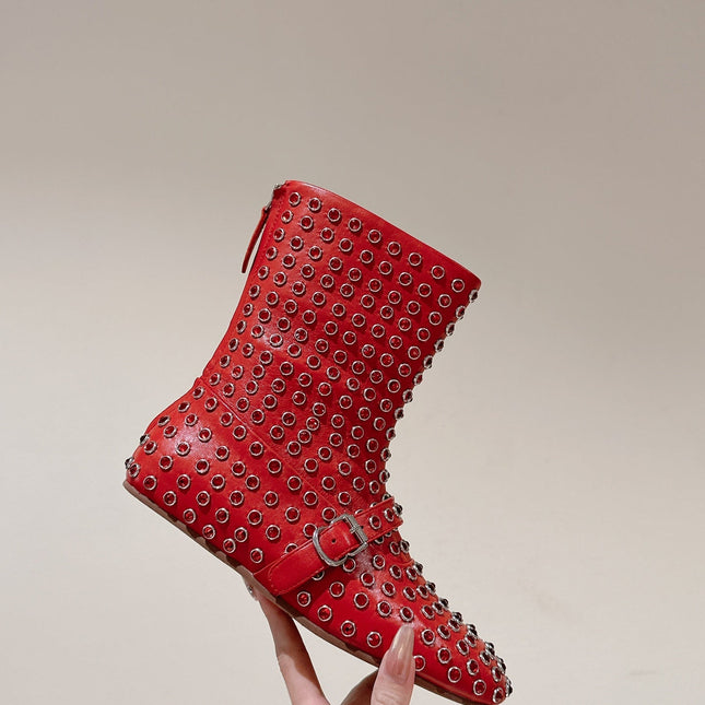 ALAIA SHORT BOOTS IN CHERRY RED LAMBSKIN ATTACH RHINSTONES