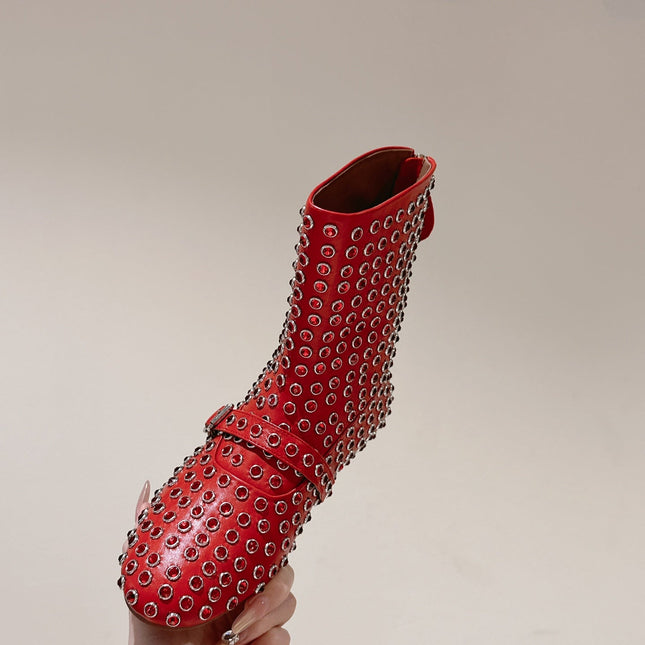 ALAIA SHORT BOOTS IN CHERRY RED LAMBSKIN ATTACH RHINSTONES