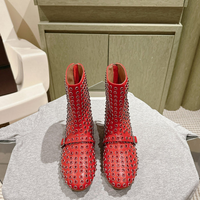 ALAIA SHORT BOOTS IN CHERRY RED LAMBSKIN ATTACH RHINSTONES