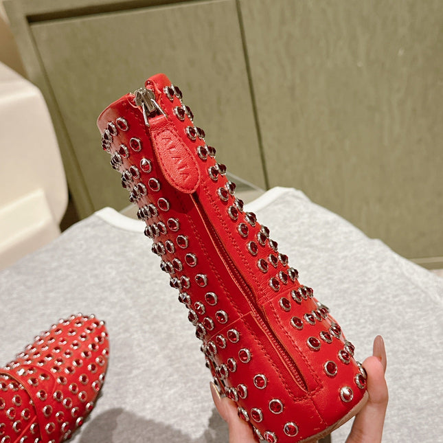 ALAIA SHORT BOOTS IN CHERRY RED LAMBSKIN ATTACH RHINSTONES