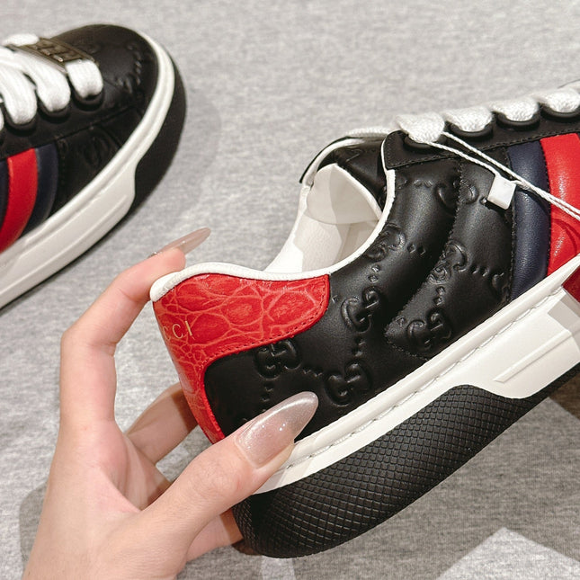 GG ACE SNEAKER WITH WEB IN BLACK EMBOSSED CALFSKIN