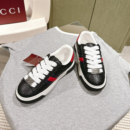 GG ACE SNEAKER WITH WEB IN BLACK EMBOSSED CALFSKIN