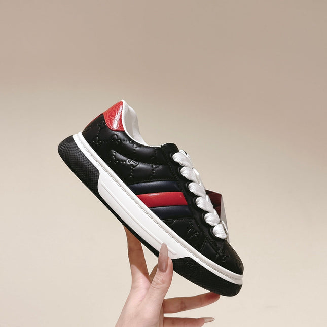 GG ACE SNEAKER WITH WEB IN BLACK EMBOSSED CALFSKIN