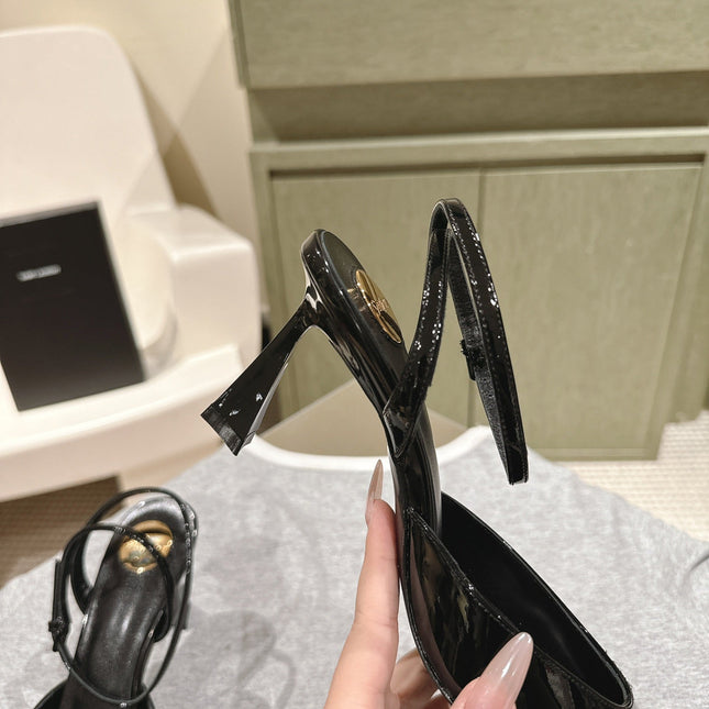 AIMÉE HIGH 8 CM SLINGBACK PUMPS IN BLACK PATENT CALFSKIN