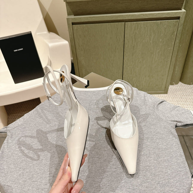 AIMÉE HIGH 8 CM SLINGBACK PUMPS IN WHITE PATENT CALFSKIN