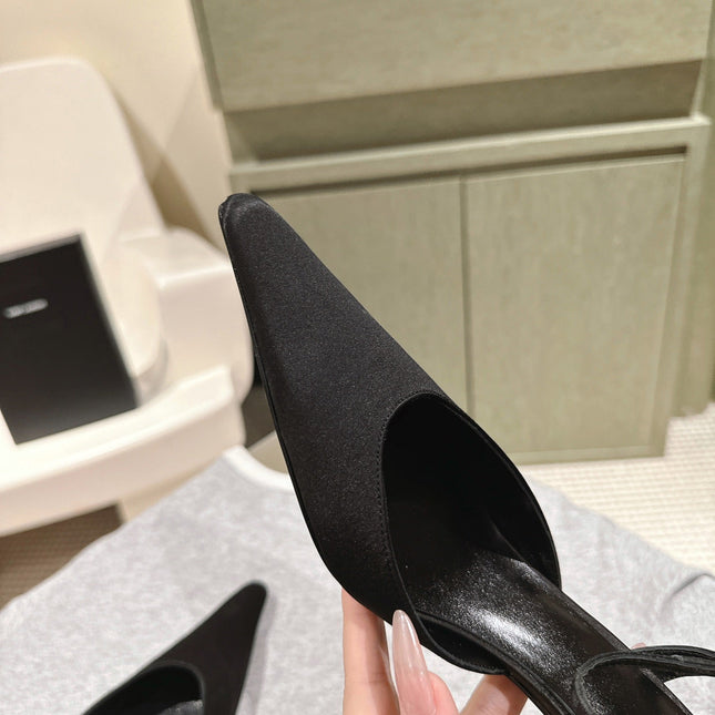 AIMÉE HIGH 8 CM SLINGBACK PUMPS IN BLACK SATIN