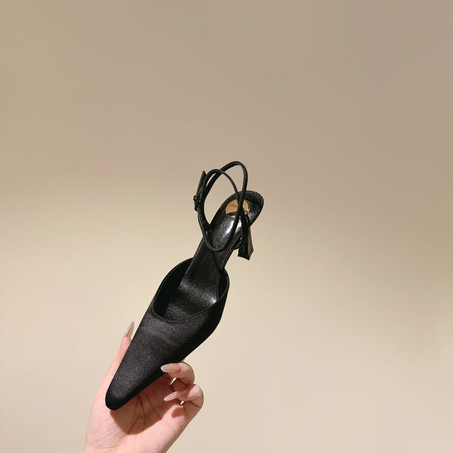 AIMÉE HIGH 8 CM SLINGBACK PUMPS IN BLACK SATIN
