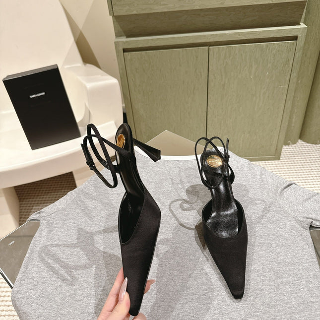 AIMÉE HIGH 8 CM SLINGBACK PUMPS IN BLACK SATIN