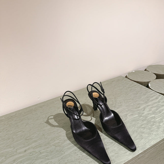 AIMÉE HIGH 8 CM SLINGBACK PUMPS IN BLACK SATIN