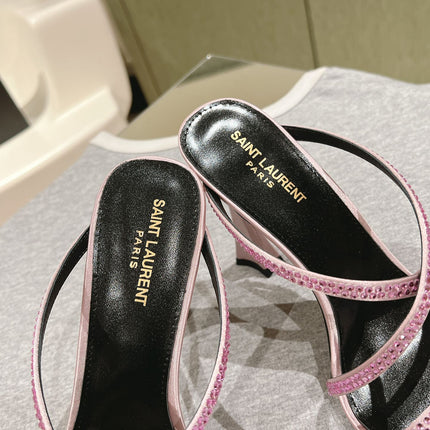 HIGH HEEL MULE 10 CM IN BABY PINK SATIN WITH RHINESTONES