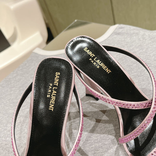 HIGH HEEL MULE 10 CM IN BABY PINK SATIN WITH RHINESTONES