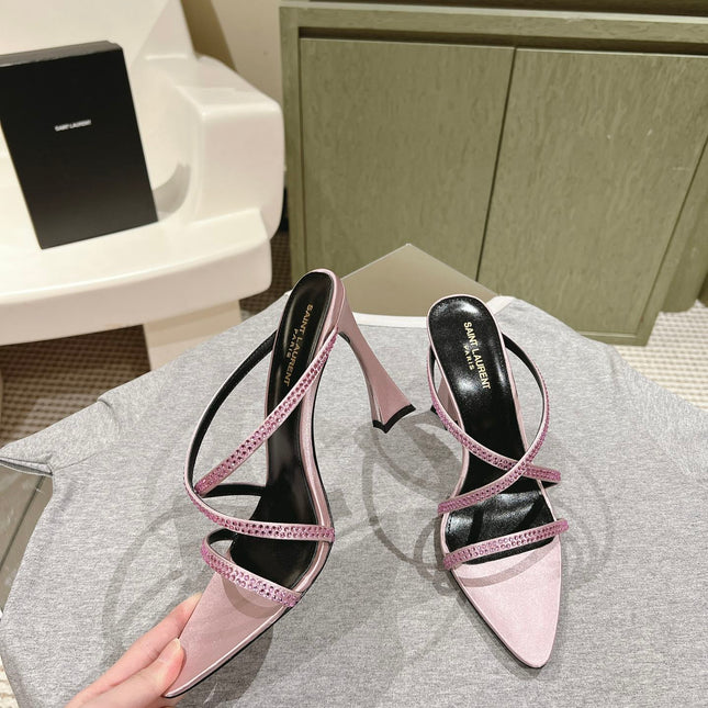 HIGH HEEL MULE 10 CM IN BABY PINK SATIN WITH RHINESTONES