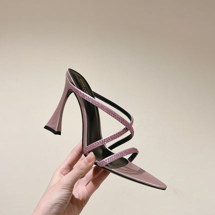 HIGH HEEL MULE 10 CM IN BABY PINK SATIN WITH RHINESTONES