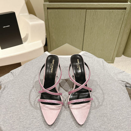 HIGH HEEL MULE 10 CM IN BABY PINK SATIN WITH RHINESTONES