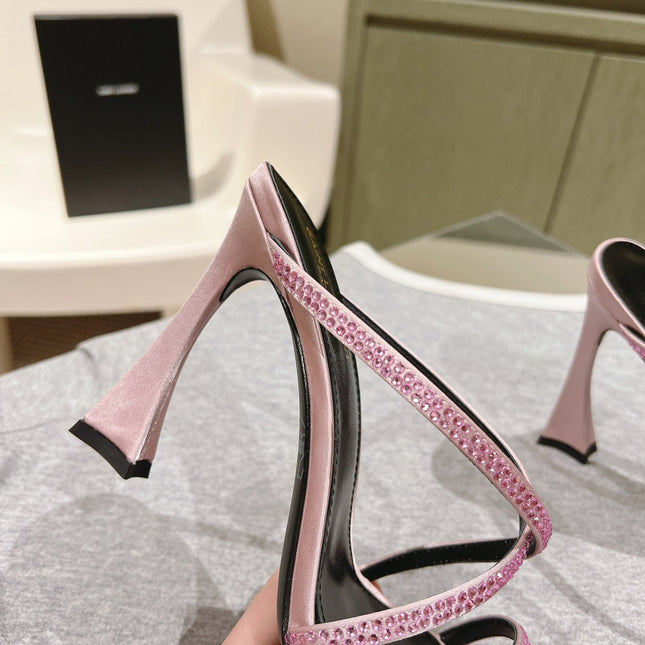 HIGH HEEL MULE 10 CM IN BABY PINK SATIN WITH RHINESTONES