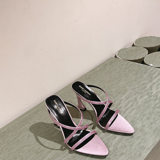 HIGH HEEL MULE 10 CM IN BABY PINK SATIN WITH RHINESTONES