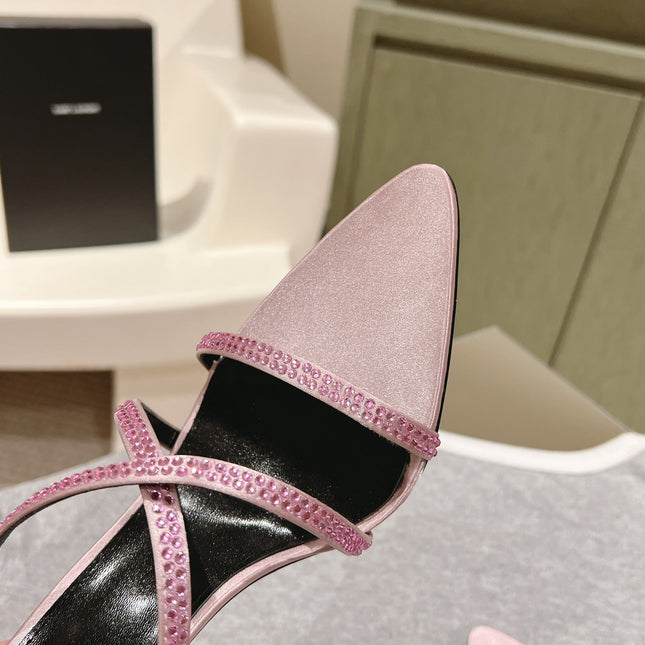 HIGH HEEL MULE 10 CM IN BABY PINK SATIN WITH RHINESTONES