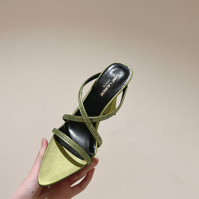HIGH HEEL MULE 10 CM IN OLIVE GREEN SATIN WITH RHINESTONES