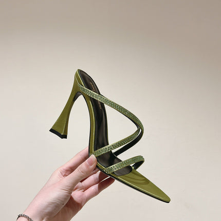 HIGH HEEL MULE 10 CM IN OLIVE GREEN SATIN WITH RHINESTONES