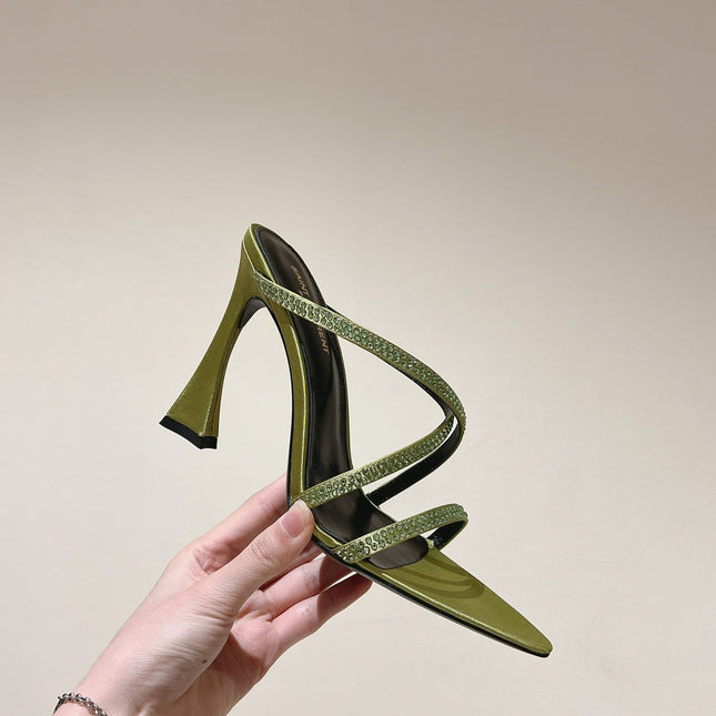 HIGH HEEL MULE 10 CM IN OLIVE GREEN SATIN WITH RHINESTONES