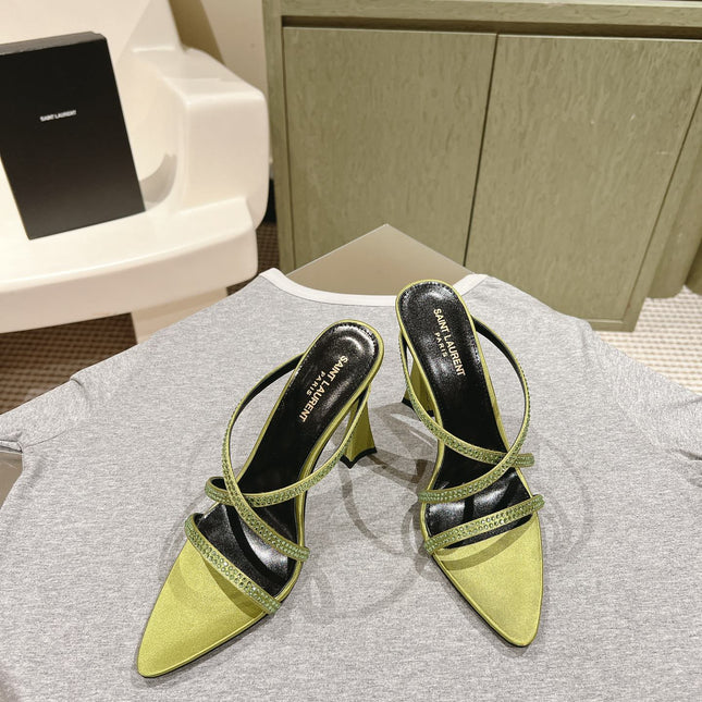 HIGH HEEL MULE 10 CM IN OLIVE GREEN SATIN WITH RHINESTONES