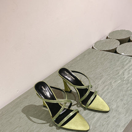 HIGH HEEL MULE 10 CM IN OLIVE GREEN SATIN WITH RHINESTONES