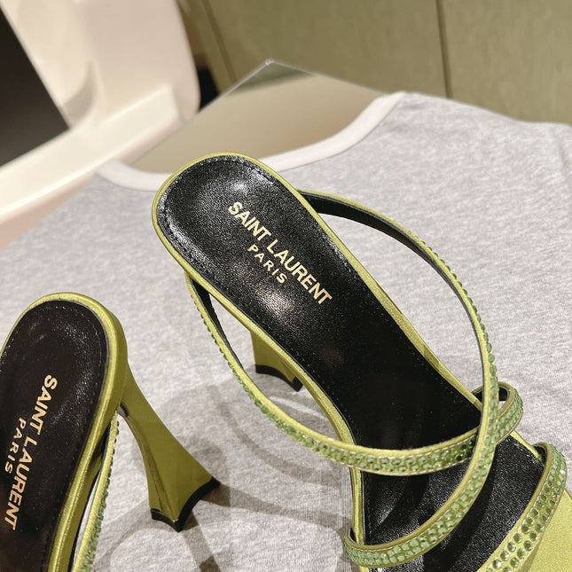 HIGH HEEL MULE 10 CM IN OLIVE GREEN SATIN WITH RHINESTONES