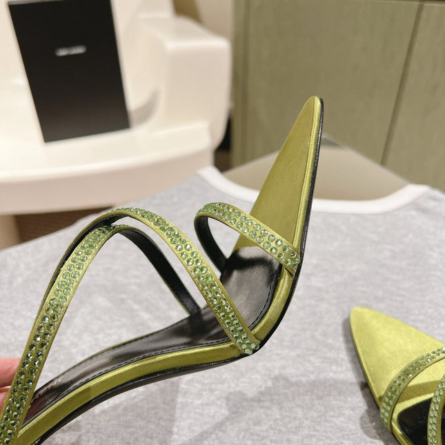 HIGH HEEL MULE 10 CM IN OLIVE GREEN SATIN WITH RHINESTONES