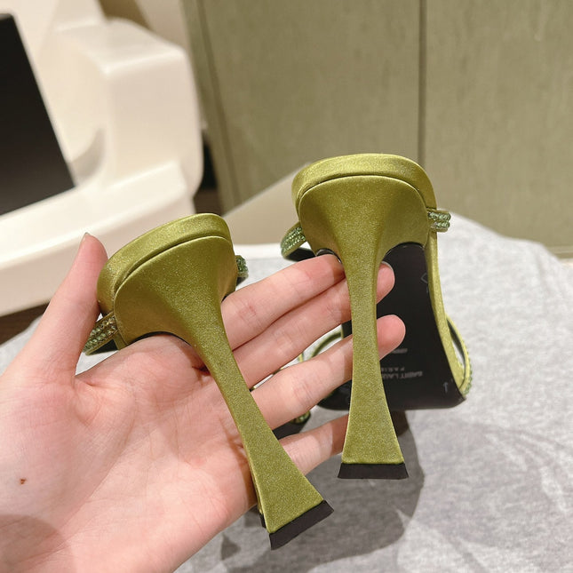 HIGH HEEL MULE 10 CM IN OLIVE GREEN SATIN WITH RHINESTONES