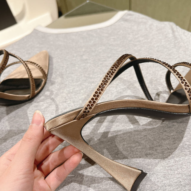 HIGH HEEL MULE 10 CM IN CAMEL BEIGE SATIN WITH RHINESTONES