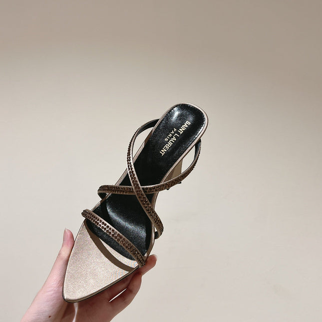 HIGH HEEL MULE 10 CM IN CAMEL BEIGE SATIN WITH RHINESTONES