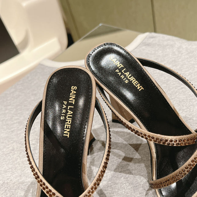 HIGH HEEL MULE 10 CM IN CAMEL BEIGE SATIN WITH RHINESTONES