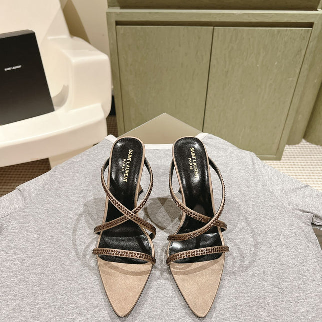 HIGH HEEL MULE 10 CM IN CAMEL BEIGE SATIN WITH RHINESTONES