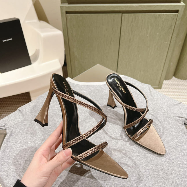 HIGH HEEL MULE 10 CM IN CAMEL BEIGE SATIN WITH RHINESTONES