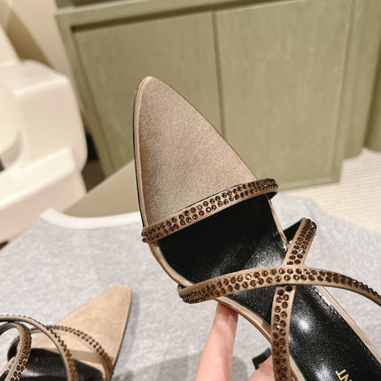 HIGH HEEL MULE 10 CM IN CAMEL BEIGE SATIN WITH RHINESTONES