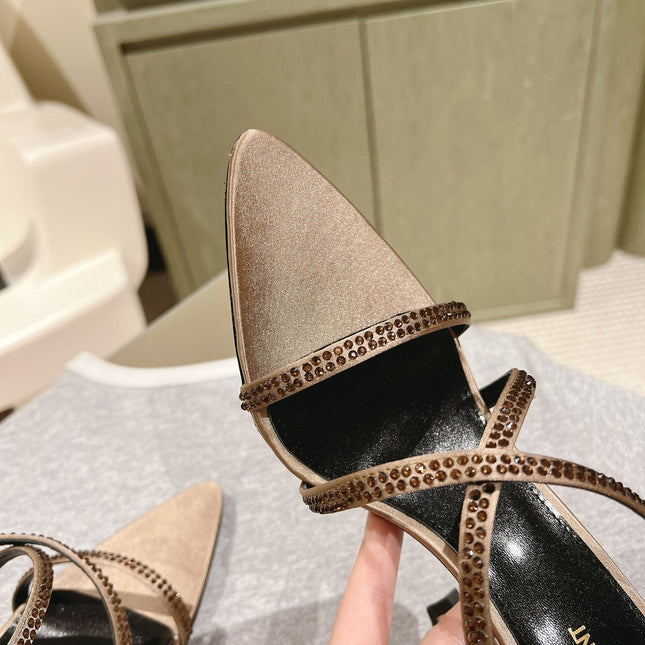 HIGH HEEL MULE 10 CM IN CAMEL BEIGE SATIN WITH RHINESTONES
