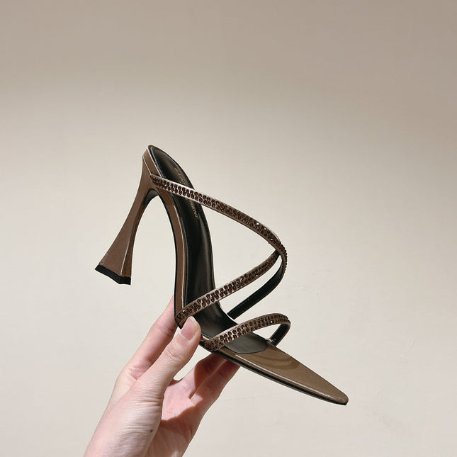 HIGH HEEL MULE 10 CM IN CAMEL BEIGE SATIN WITH RHINESTONES