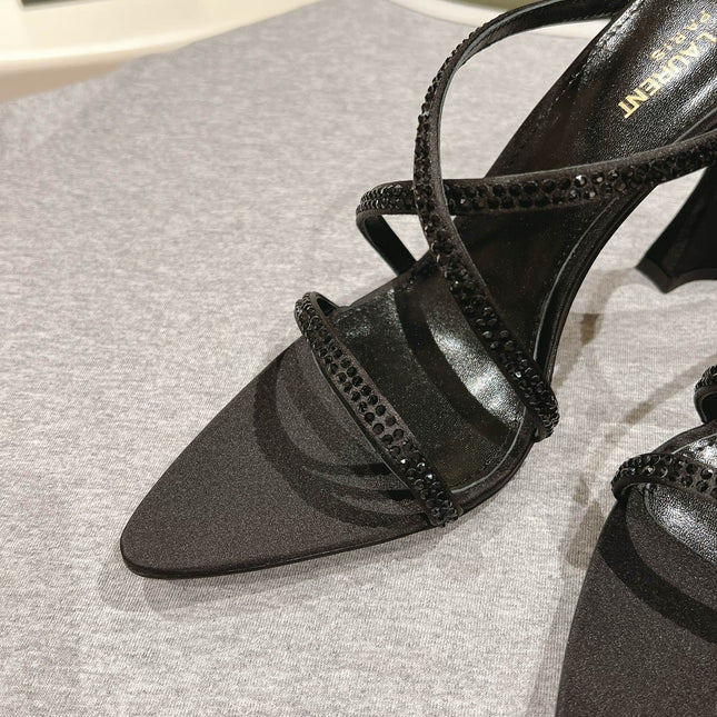 HIGH HEEL MULE 10 CM IN BLACK SATIN WITH RHINESTONES