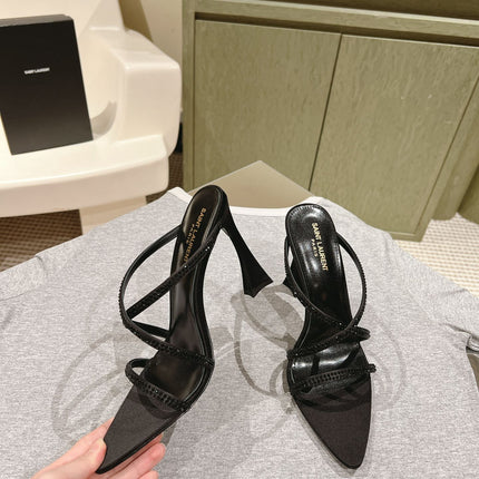 HIGH HEEL MULE 10 CM IN BLACK SATIN WITH RHINESTONES