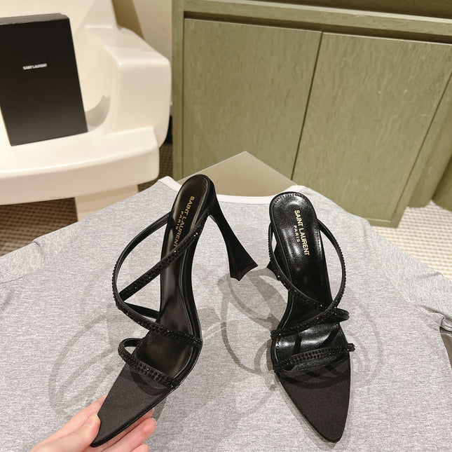 HIGH HEEL MULE 10 CM IN BLACK SATIN WITH RHINESTONES