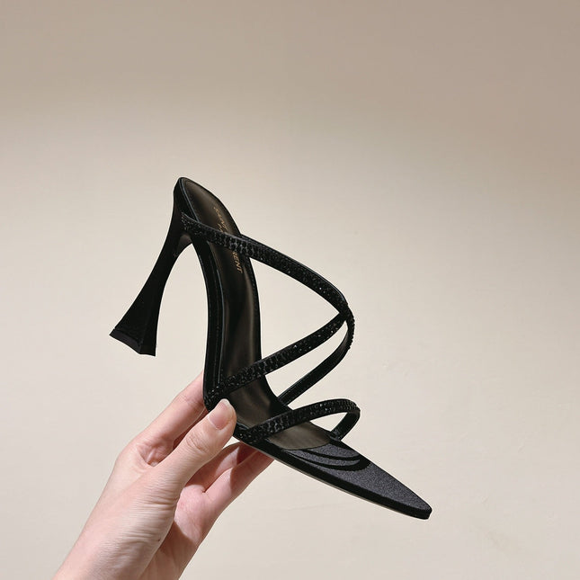 HIGH HEEL MULE 10 CM IN BLACK SATIN WITH RHINESTONES