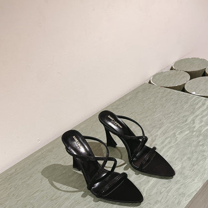 HIGH HEEL MULE 10 CM IN BLACK SATIN WITH RHINESTONES