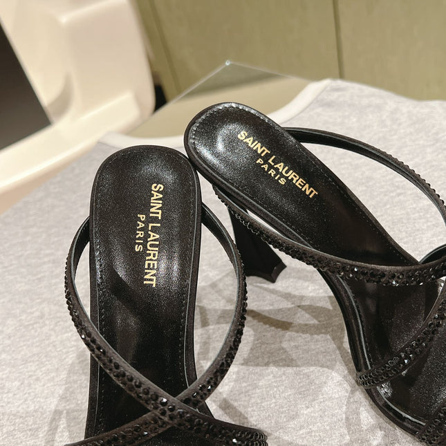 HIGH HEEL MULE 10 CM IN BLACK SATIN WITH RHINESTONES