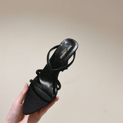 HIGH HEEL MULE 10 CM IN BLACK SATIN WITH RHINESTONES