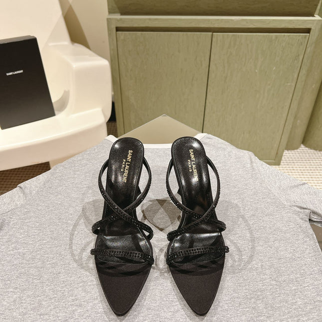 HIGH HEEL MULE 10 CM IN BLACK SATIN WITH RHINESTONES
