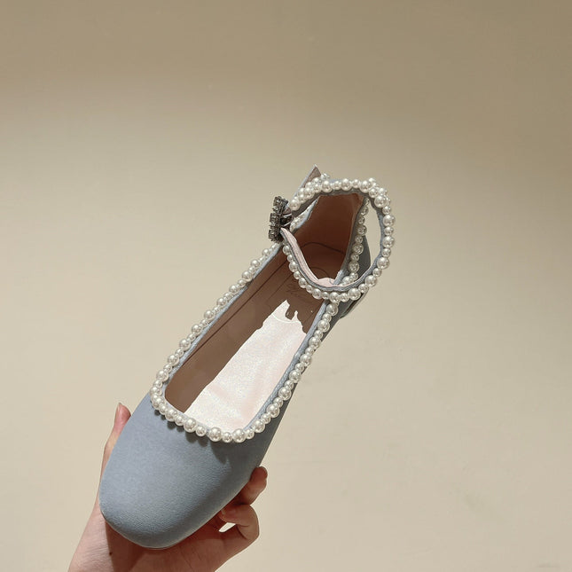 BALLERINAS MARY JANE IN GRAY SUEDE WITH PEARL TRIM