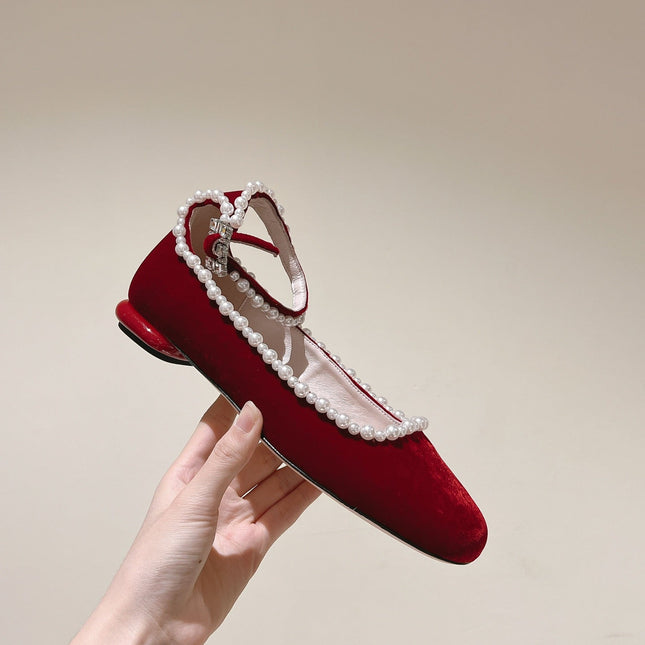 BALLERINAS MARY JANE IN BURGUNDY RED SUEDE WITH PEARL TRIM