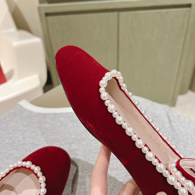 BALLERINAS MARY JANE IN BURGUNDY RED SUEDE WITH PEARL TRIM