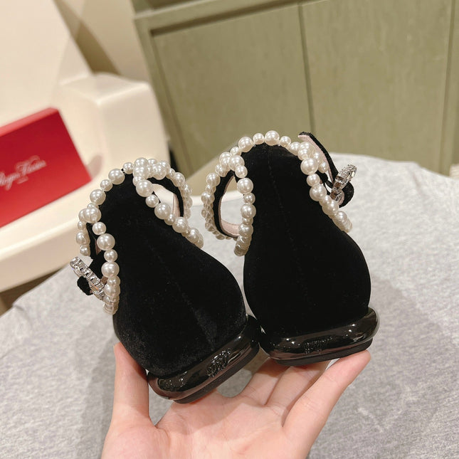 BALLERINAS MARY JANE IN BLACK SUEDE WITH PEARL TRIM